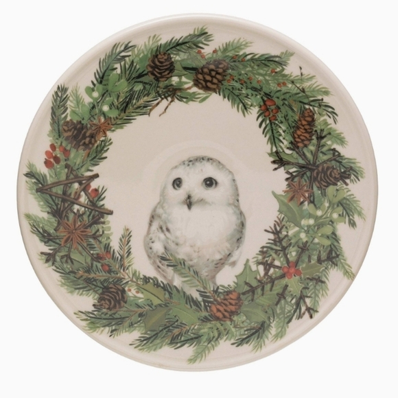 Creative Co-Op Stoneware Owl & Wreath Image Cake Pedestals 7.5" Round - Picture 2 of 7